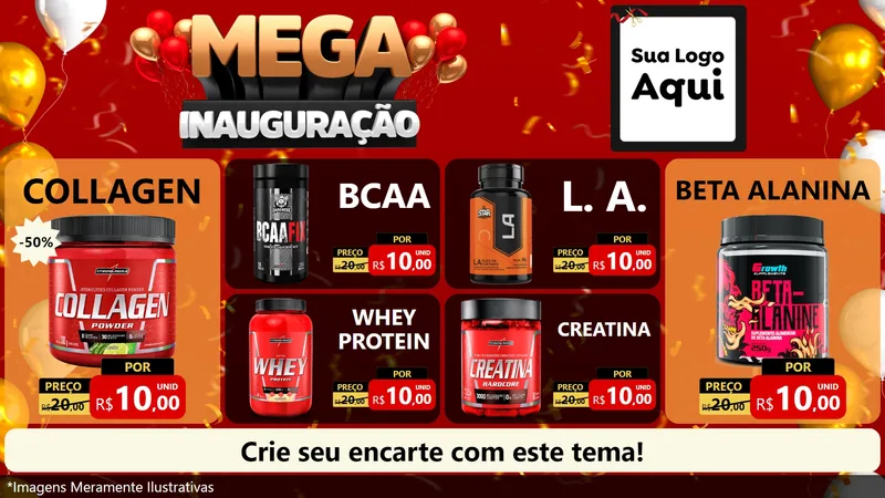 Modelo de TV para TV Horizontal com o tema Mega Inauguração para Suplementos alimentares