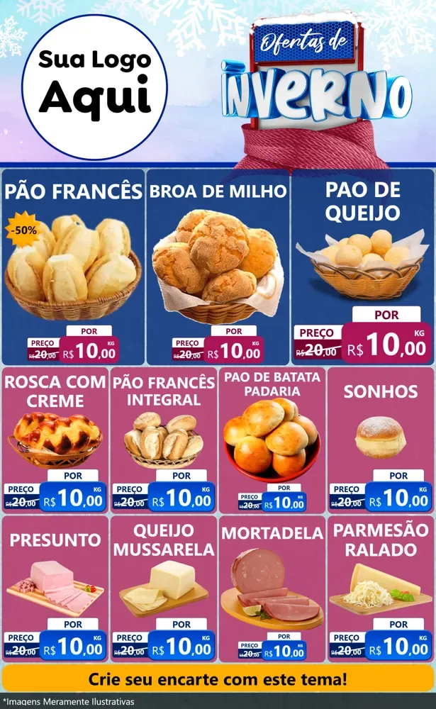 Modelo de Encarte para Encarte Grande com o tema Ofertas de Inverno para Padaria