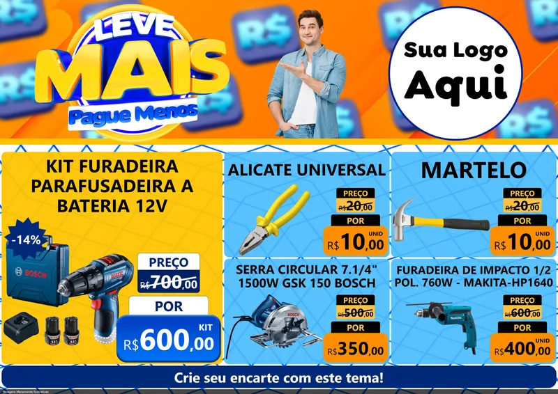 Modelo de Encarte para Encarte A4 Horizontal com o tema Leve Mais, Pague Menos para Maquinas e Ferramentas