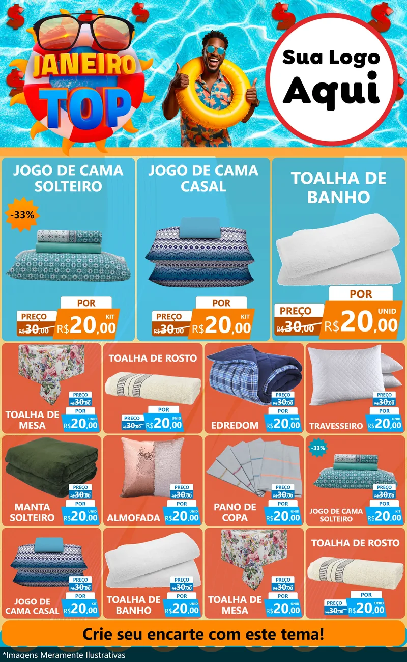 Modelo de Encarte para Encarte Grande com o tema Janeiro Top para Cama, Mesa e Banho
