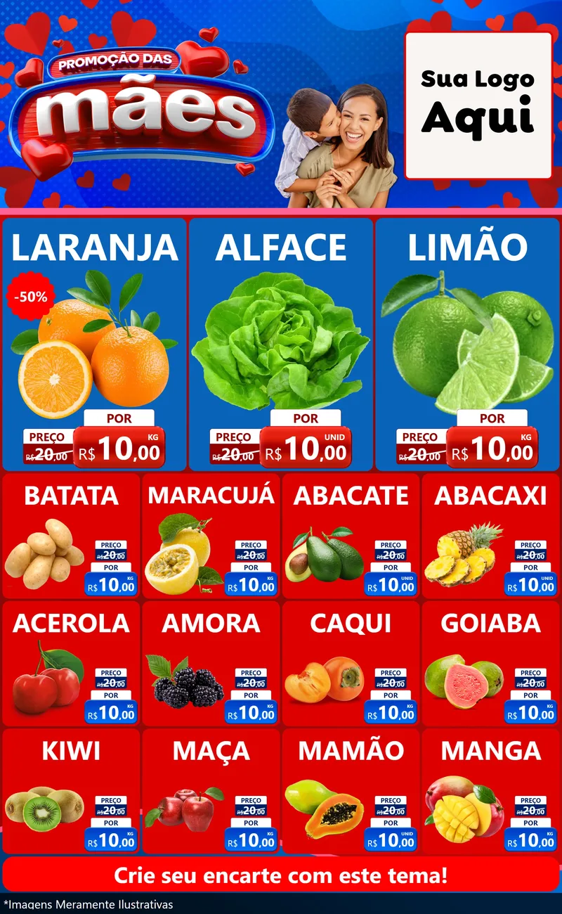 Modelo de Encarte para Encarte Grande com o tema Promoção das Mães para Hortifrúti