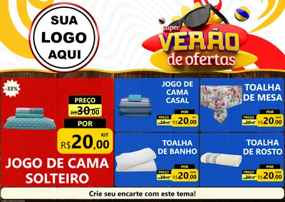 Modelo de Encarte para Encarte A4 Horizontal com o tema Super Verão de Ofertas para Cama, Mesa e Banho