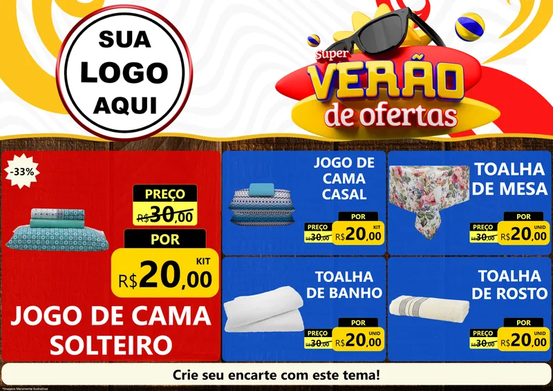 Modelo de Encarte para Encarte A4 Horizontal com o tema Super Verão de Ofertas para Cama, Mesa e Banho