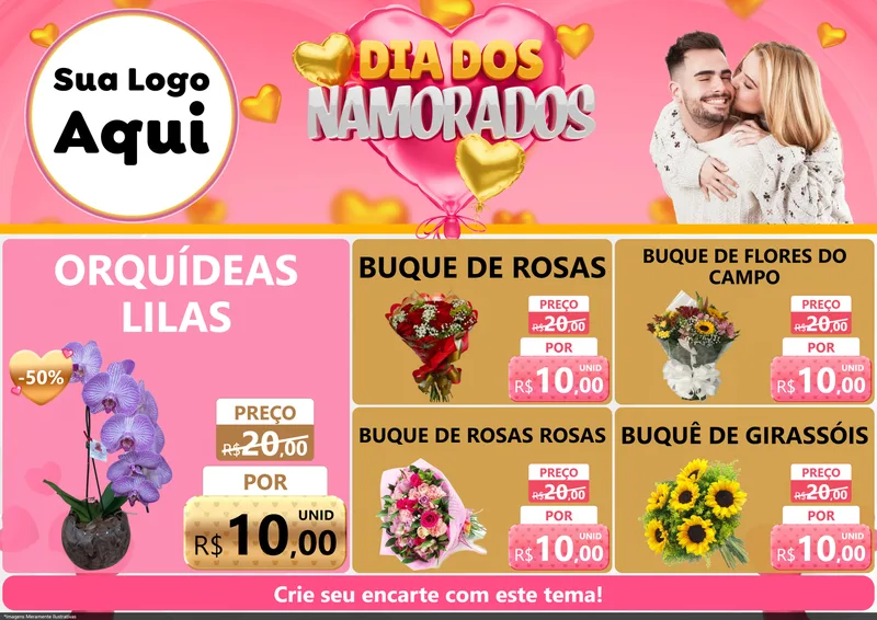 Modelo de Encarte para Encarte A4 Horizontal com o tema Dia dos Namorados para Floricultura e jardim