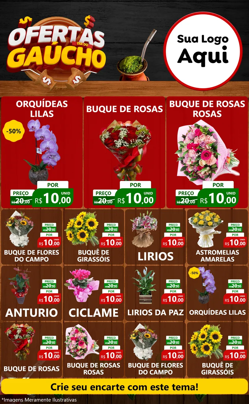 Modelo de Encarte para Encarte Grande com o tema Ofertas Dia do Gaúcho para Floricultura e jardim