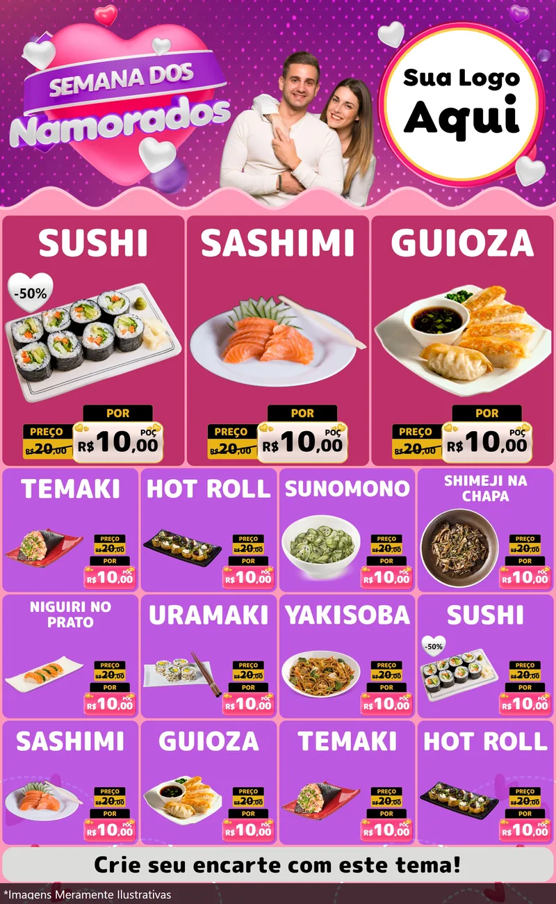 Modelo de Encarte para Encarte Grande com o tema Semana dos Namorados para Comida japonesa