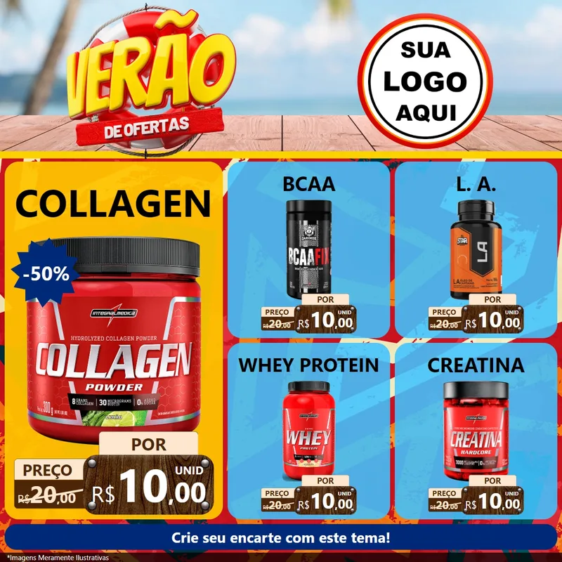 Modelo de Rede Social para Feed Facebook com o tema Verão de Ofertas para Suplementos alimentares