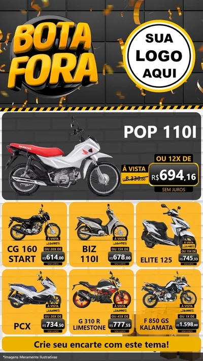 Modelo de Rede Social para Stories com o tema Bota Fora para Concessionaria de Motos