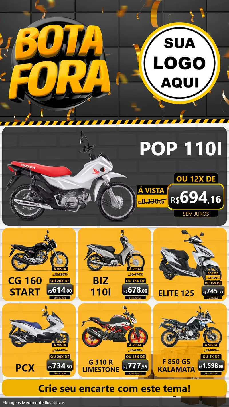 Modelo de Rede Social para Stories com o tema Bota Fora para Concessionaria de Motos