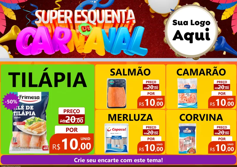 Modelo de Encarte para Encarte A4 Horizontal com o tema Super Esquenta de Carnaval para Peixaria