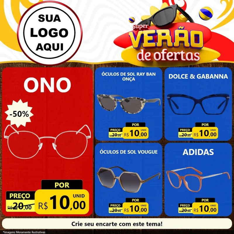 Modelo de Rede Social para Feed Facebook com o tema Super Verão de Ofertas para Óticas