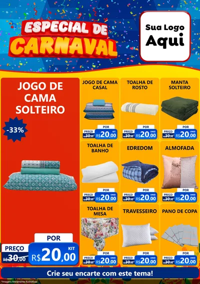 Modelo de Encarte para Encarte A4 Vertical com o tema Especial de Carnaval para Cama, Mesa e Banho