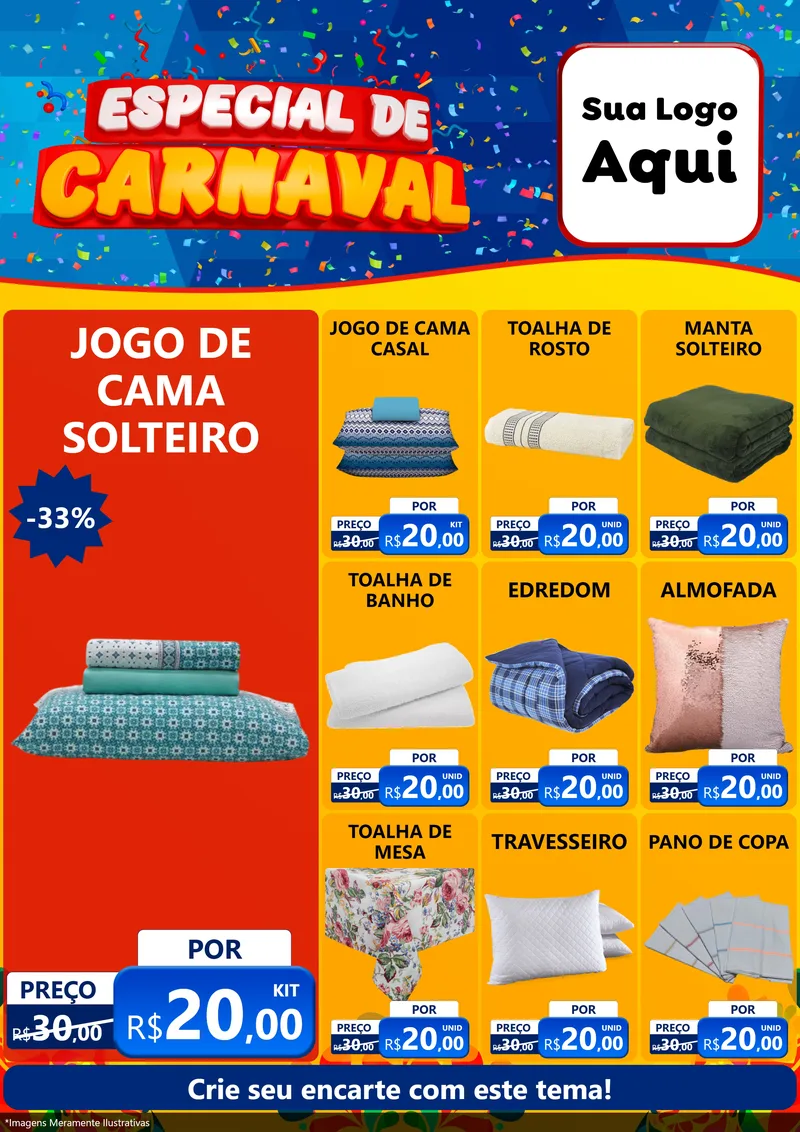Modelo de Encarte para Encarte A4 Vertical com o tema Especial de Carnaval para Cama, Mesa e Banho