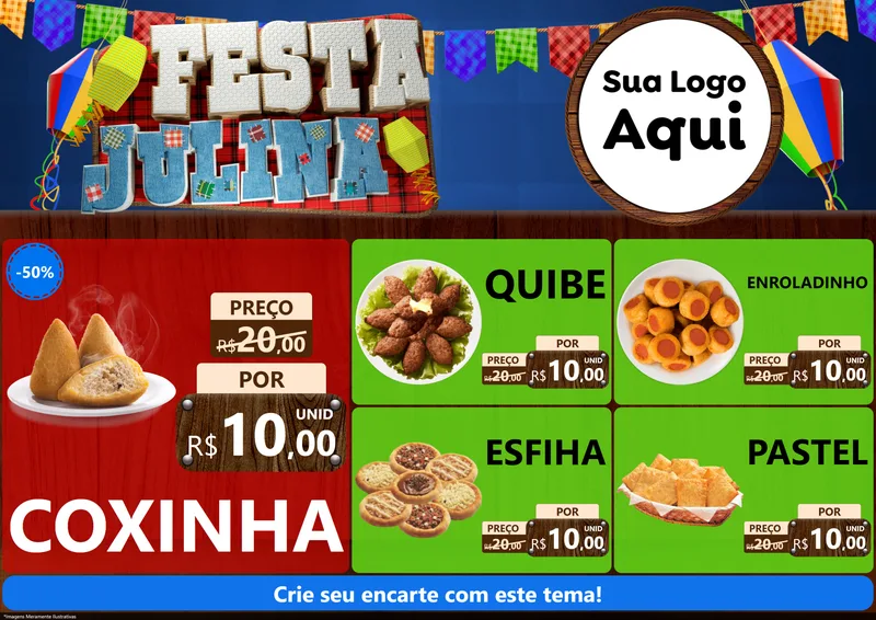 Modelo de Encarte para Encarte A4 Horizontal com o tema Festa Julina para Salgadaria