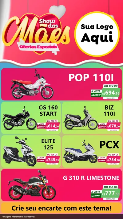 Modelo de TV para TV Vertical com o tema Show das Mães - Ofertas Especiais para Concessionaria de Motos