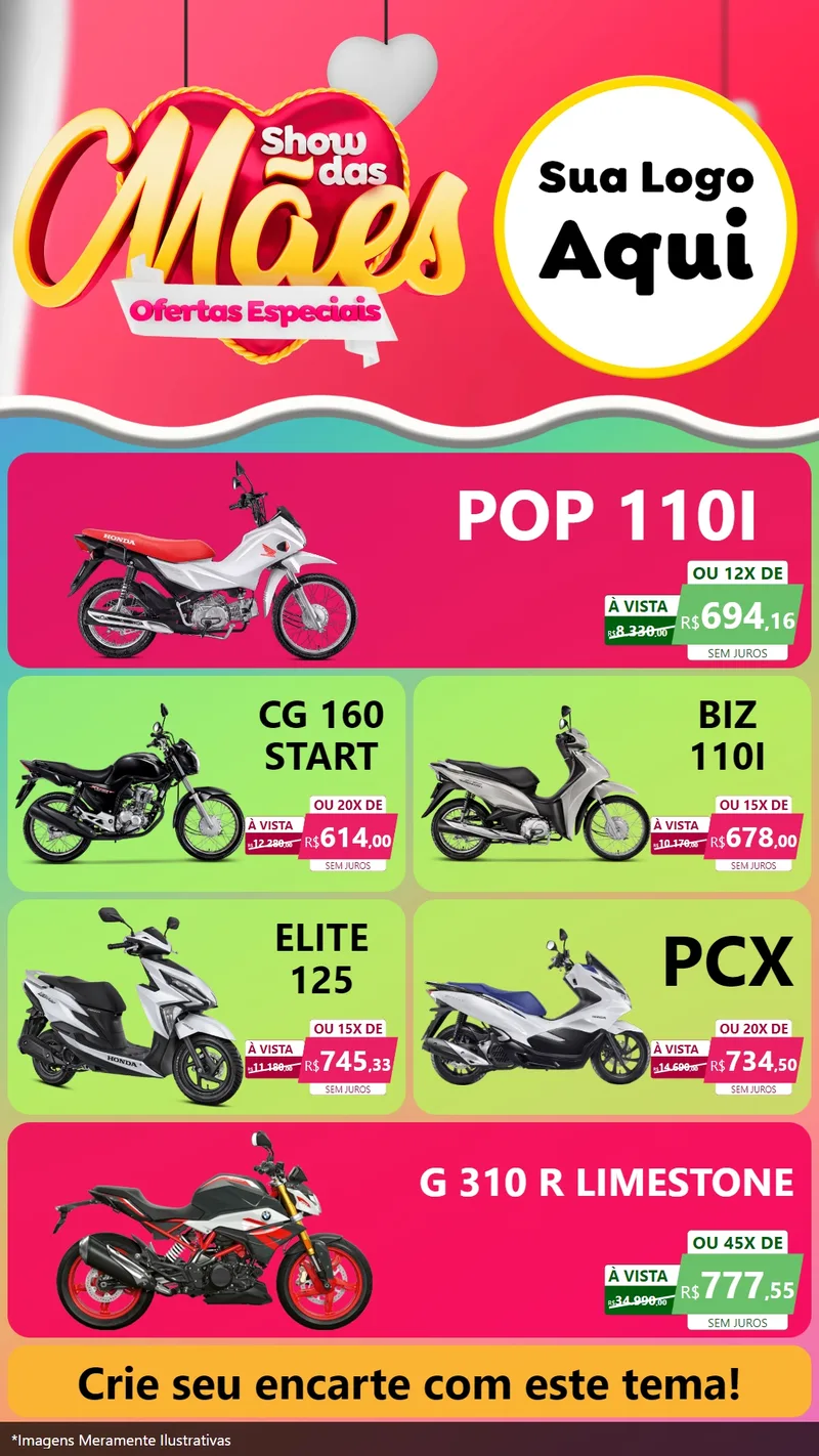 Modelo de TV para TV Vertical com o tema Show das Mães - Ofertas Especiais para Concessionaria de Motos