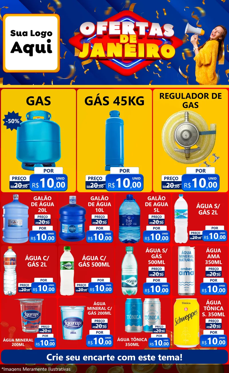 Modelo de Encarte para Encarte Grande com o tema Ofertas de Janeiro para Água e gás