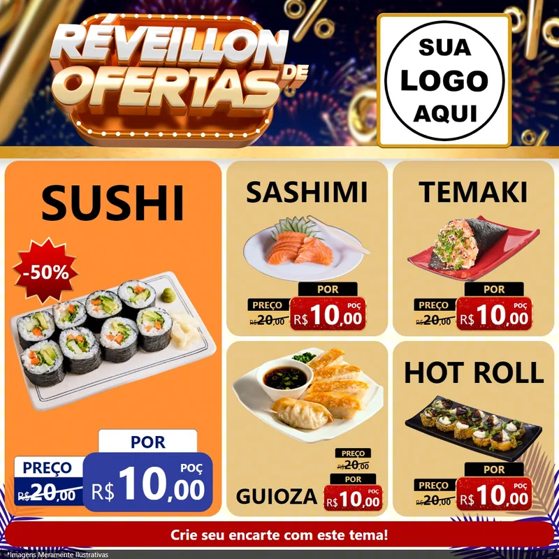 Modelo de Rede Social para Feed Facebook com o tema Réveillon de Ofertas para Comida japonesa