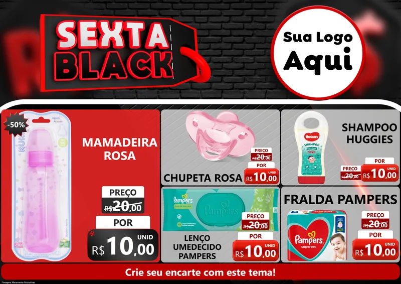 Modelo de Encarte para Encarte A4 Horizontal com o tema Sexta Black para Bebês