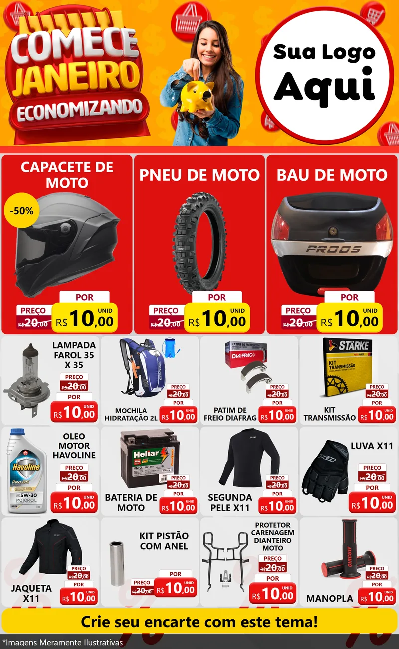 Modelo de Encarte para Encarte Grande com o tema Comece Janeiro Economizando para Moto peças