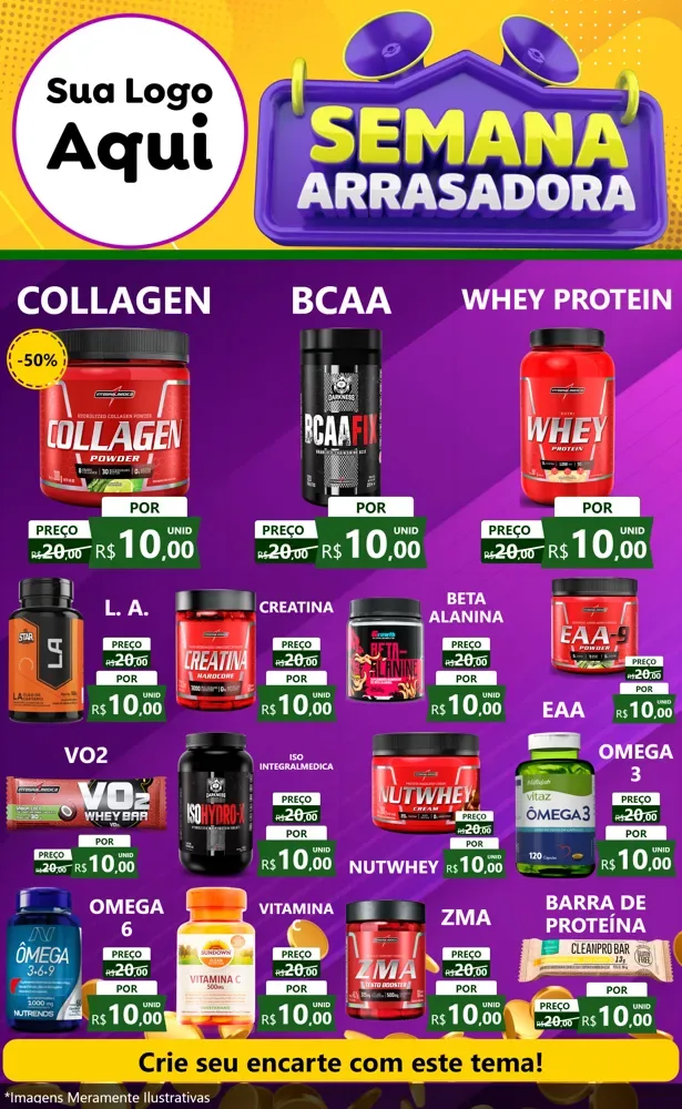 Modelo de Encarte para Encarte Grande com o tema Semana Arrasadora para Suplementos alimentares