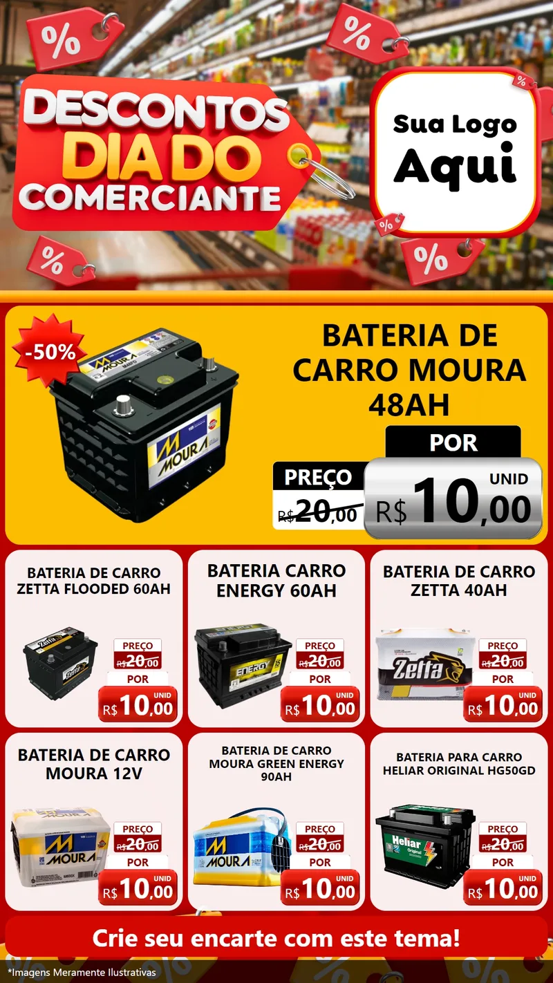 Modelo de Rede Social para Stories com o tema Descontos Dia do Comerciante para Baterias Elétricas