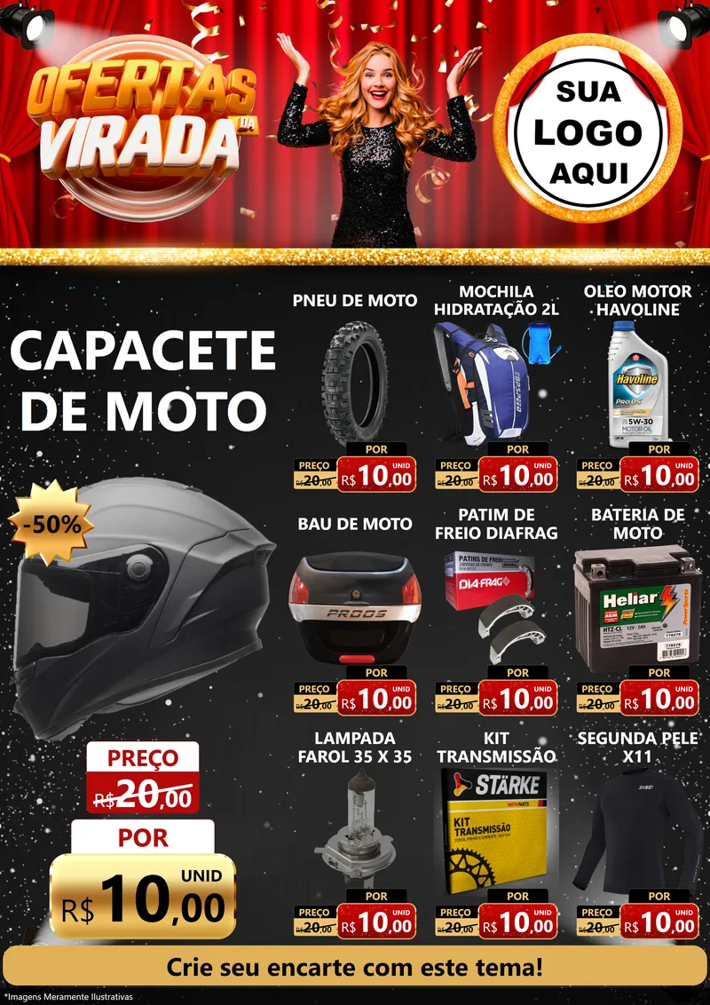 Modelo de Encarte para Encarte A4 Vertical com o tema Ofertas da Virada para Moto peças