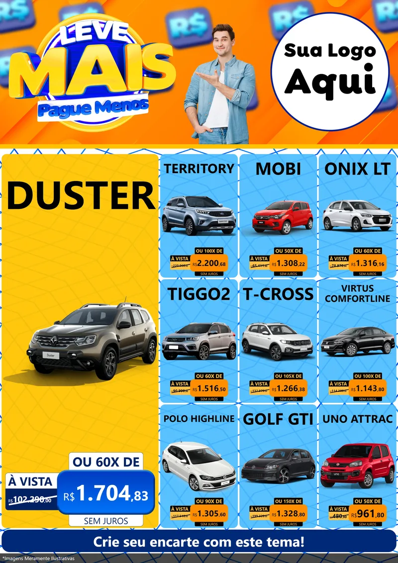 Modelo de Encarte para Encarte A4 Vertical com o tema Leve Mais, Pague Menos para Concessionaria de Carros