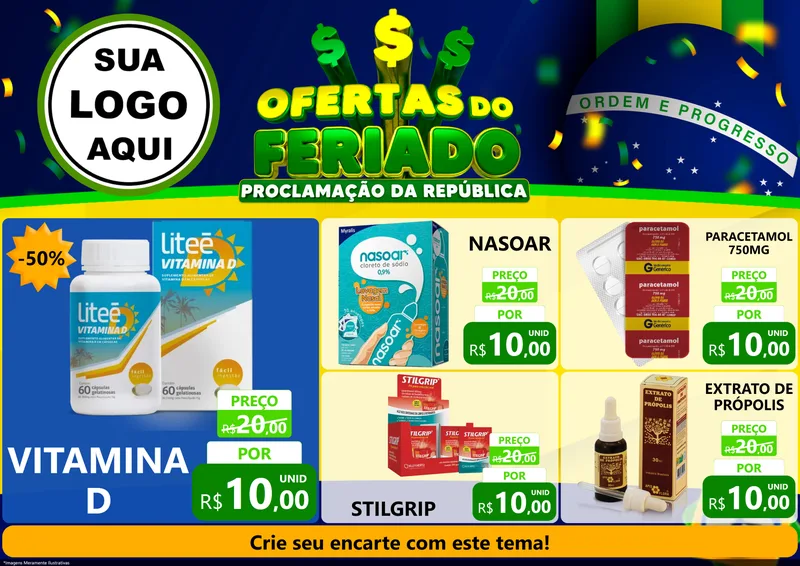 Modelo de Encarte para Encarte A4 Horizontal com o tema Ofertas do Feriado - Proclamação da República para Farmácia