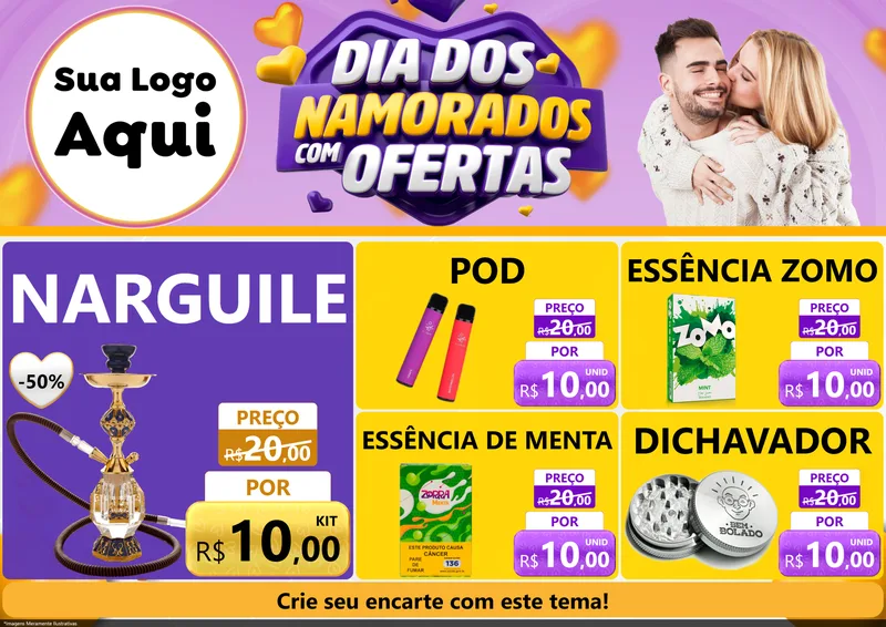 Modelo de Encarte para Encarte A4 Horizontal com o tema Dia Dos Namorados Com Ofertas para Tabacaria