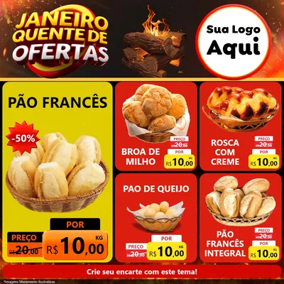 Modelo de Rede Social para Feed Facebook com o tema Janeiro Quente de Ofertas para Padaria
