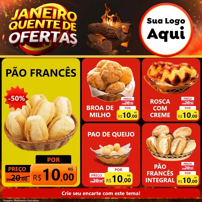 Modelo de Rede Social para Feed Facebook com o tema Janeiro Quente de Ofertas para Padaria