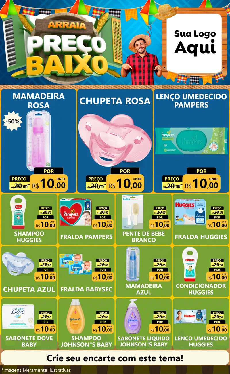 Modelo de Encarte para Encarte Grande com o tema Arraiá de Preço Baixo - Junina para Bebês