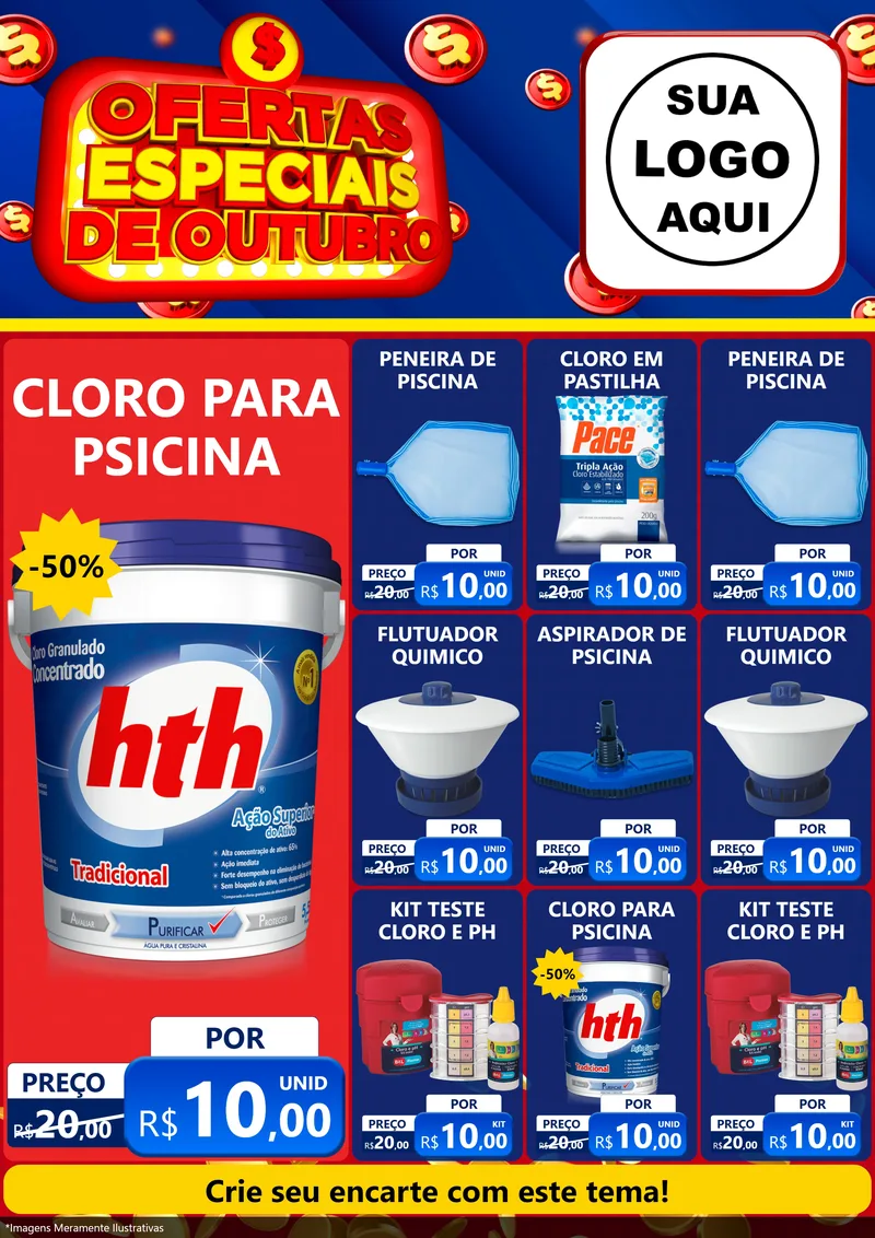 Modelo de Encarte para Encarte A4 Vertical com o tema Ofertas Especiais de Outubro para Produtos para Piscina