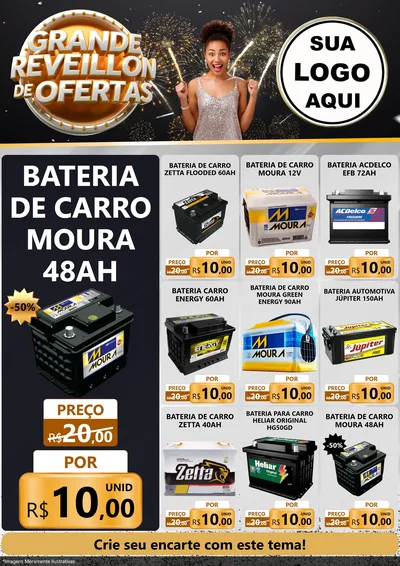 Modelo de Encarte para Encarte A4 Vertical com o tema Grande Réveillon de Ofertas para Baterias Elétricas