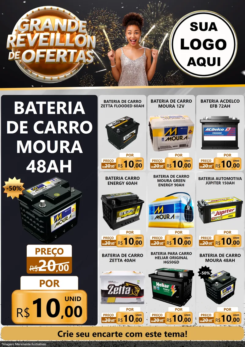 Modelo de Encarte para Encarte A4 Vertical com o tema Grande Réveillon de Ofertas para Baterias Elétricas