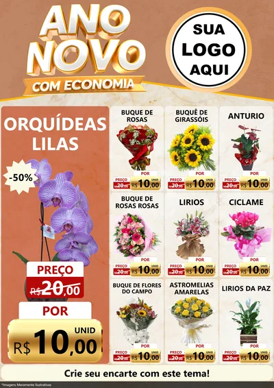 Modelo de Encarte para Encarte A4 Vertical com o tema Ano Novo Com Economia para Floricultura e jardim