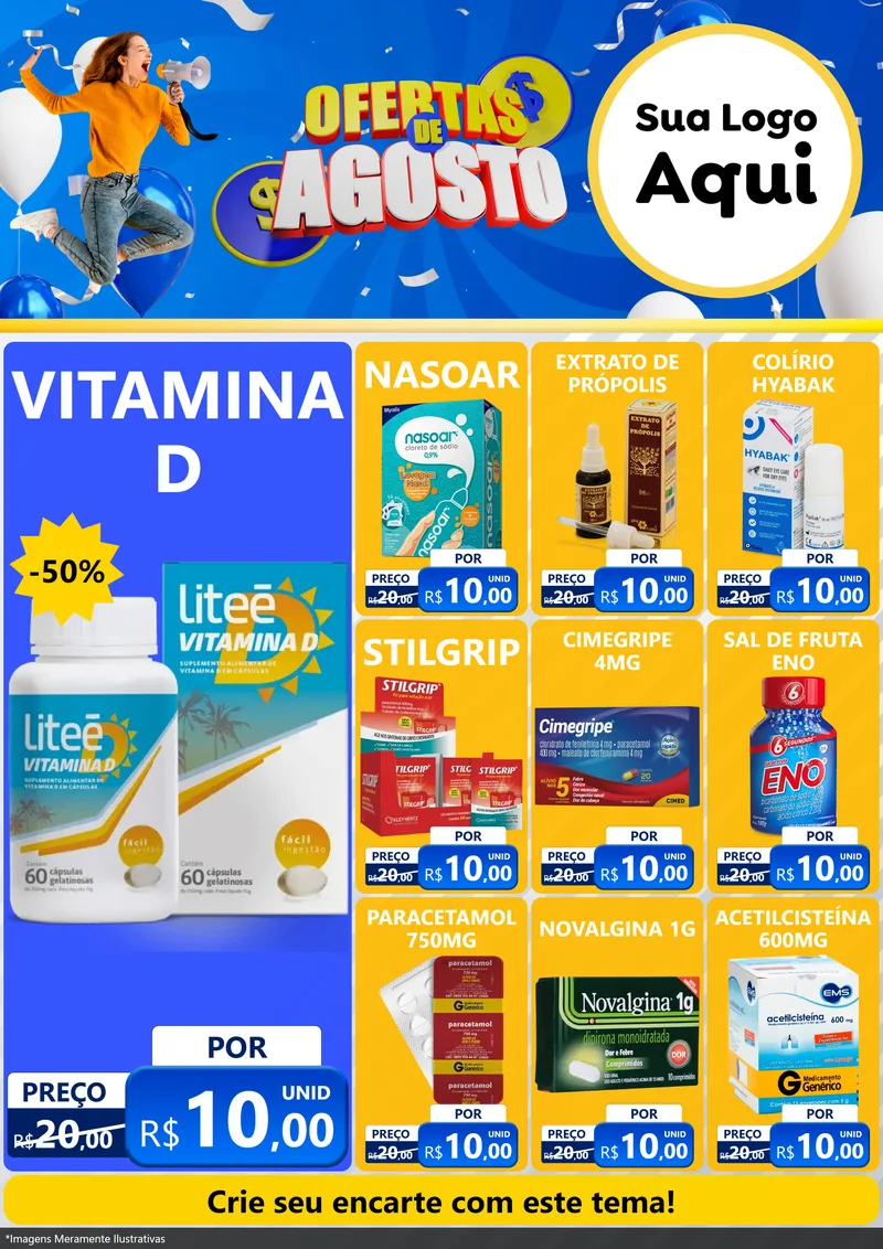 Modelo de Encarte para Encarte A4 Vertical com o tema Ofertas de Agosto para Farmácia