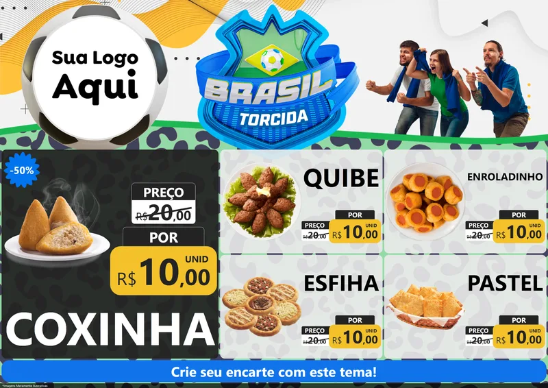 Modelo de Encarte para Encarte A4 Horizontal com o tema Brasil Torcida - Copa para Salgadaria