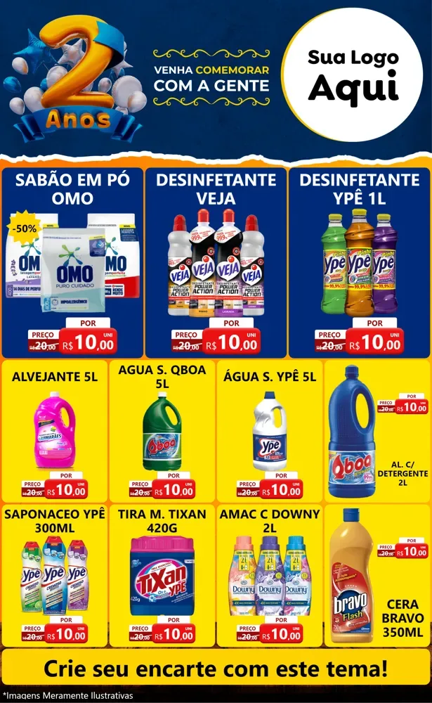 Modelo de Encarte para Encarte Grande com o tema Aniversário de 2 anos para Produtos de Limpeza