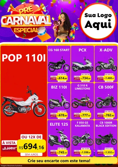 Modelo de Encarte para Encarte A4 Vertical com o tema Pré-Carnaval Especial para Concessionaria de Motos