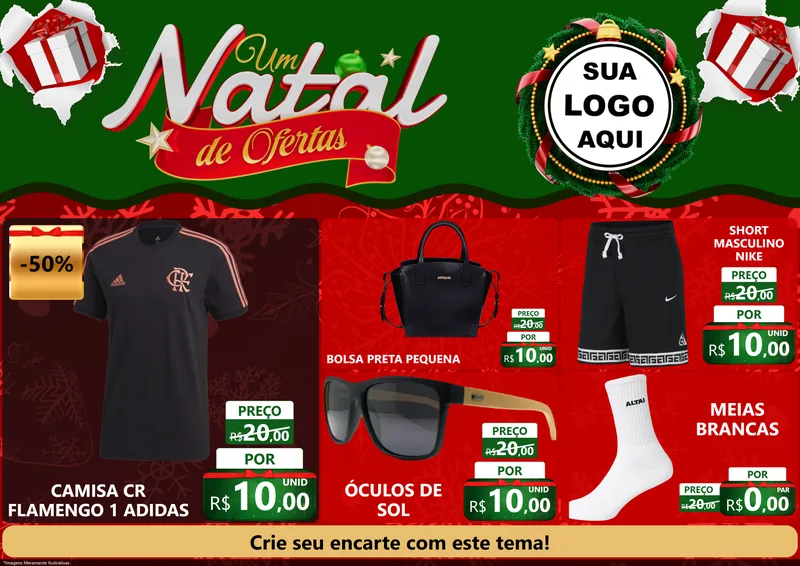 Modelo de Encarte para Encarte A4 Horizontal com o tema Um Natal de Ofertas para Roupas e acessórios