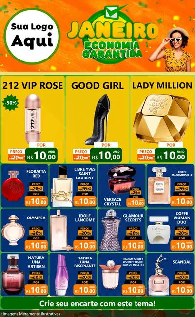 Modelo de Encarte para Encarte Grande com o tema Janeiro - Economia Garantida para Perfumes