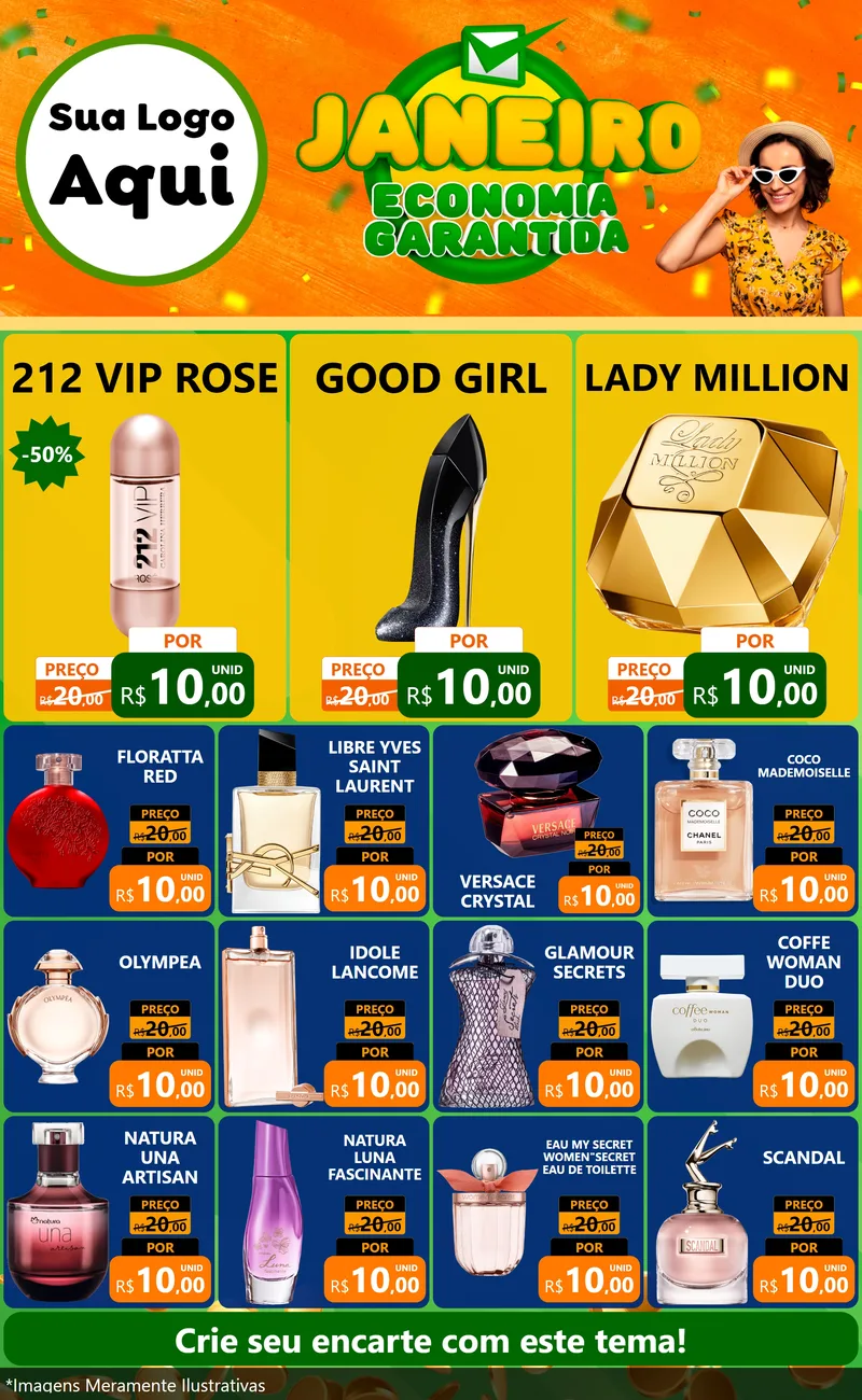 Modelo de Encarte para Encarte Grande com o tema Janeiro - Economia Garantida para Perfumes