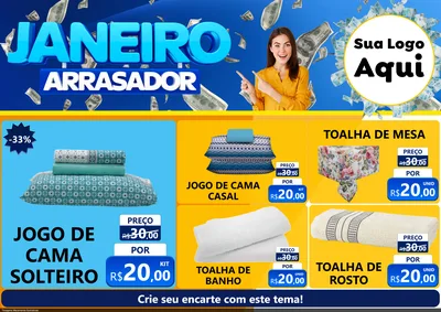 Modelo de Encarte para Encarte A4 Horizontal com o tema Janeiro Arrasador para Cama, Mesa e Banho