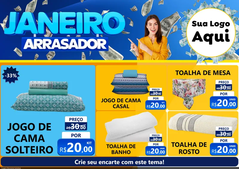 Modelo de Encarte para Encarte A4 Horizontal com o tema Janeiro Arrasador para Cama, Mesa e Banho