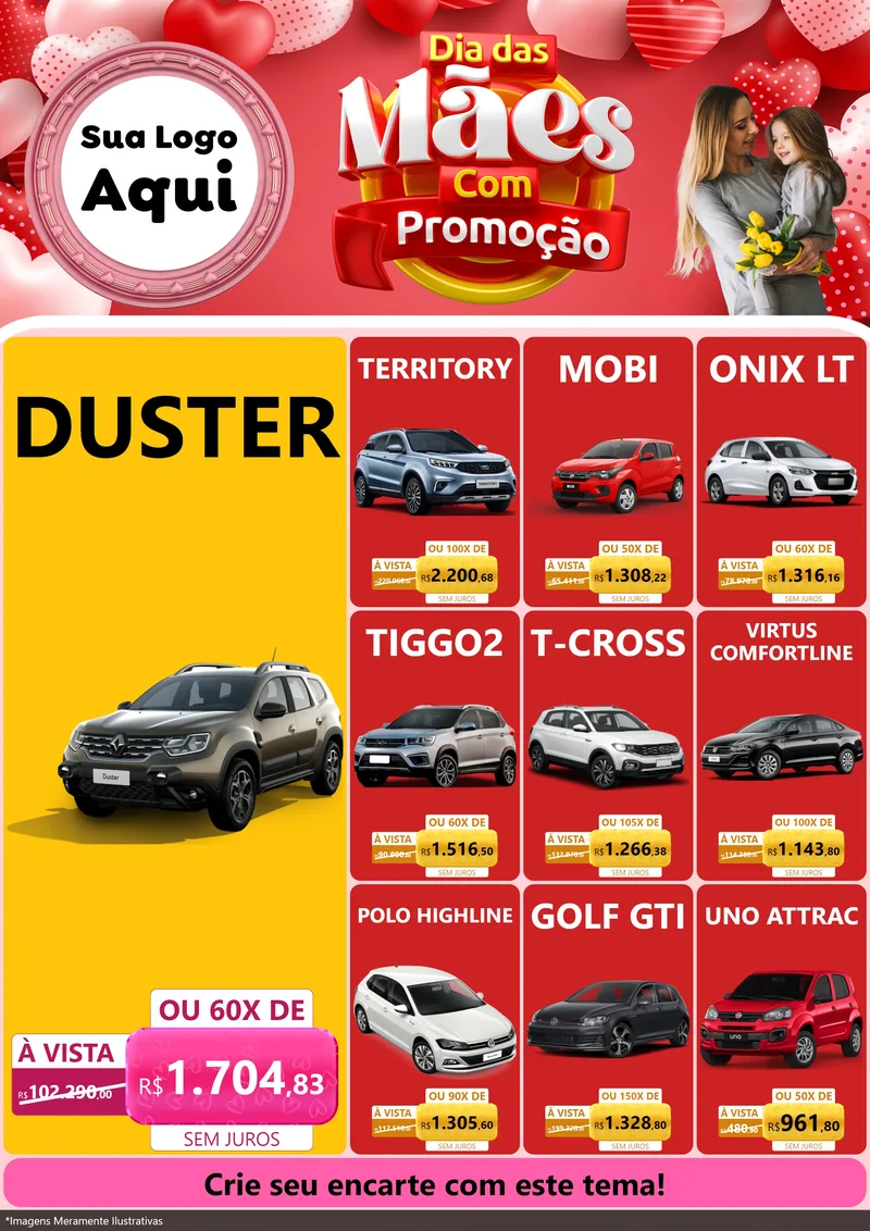 Modelo de Encarte para Encarte A4 Vertical com o tema Dia Das Mães Com Promoção para Concessionaria de Carros