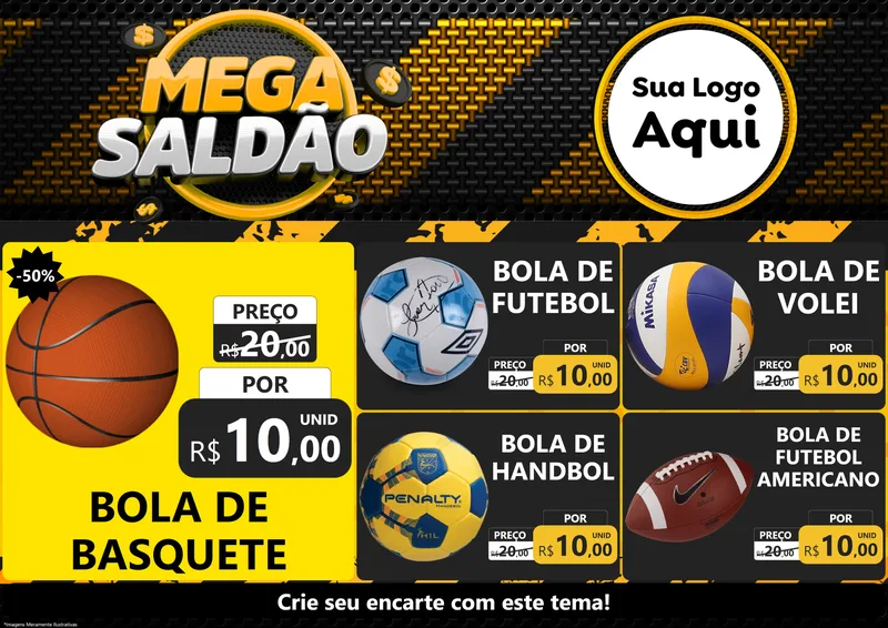 Modelo de Encarte para Encarte A4 Horizontal com o tema Mega Saldão para Artigos Esportivos
