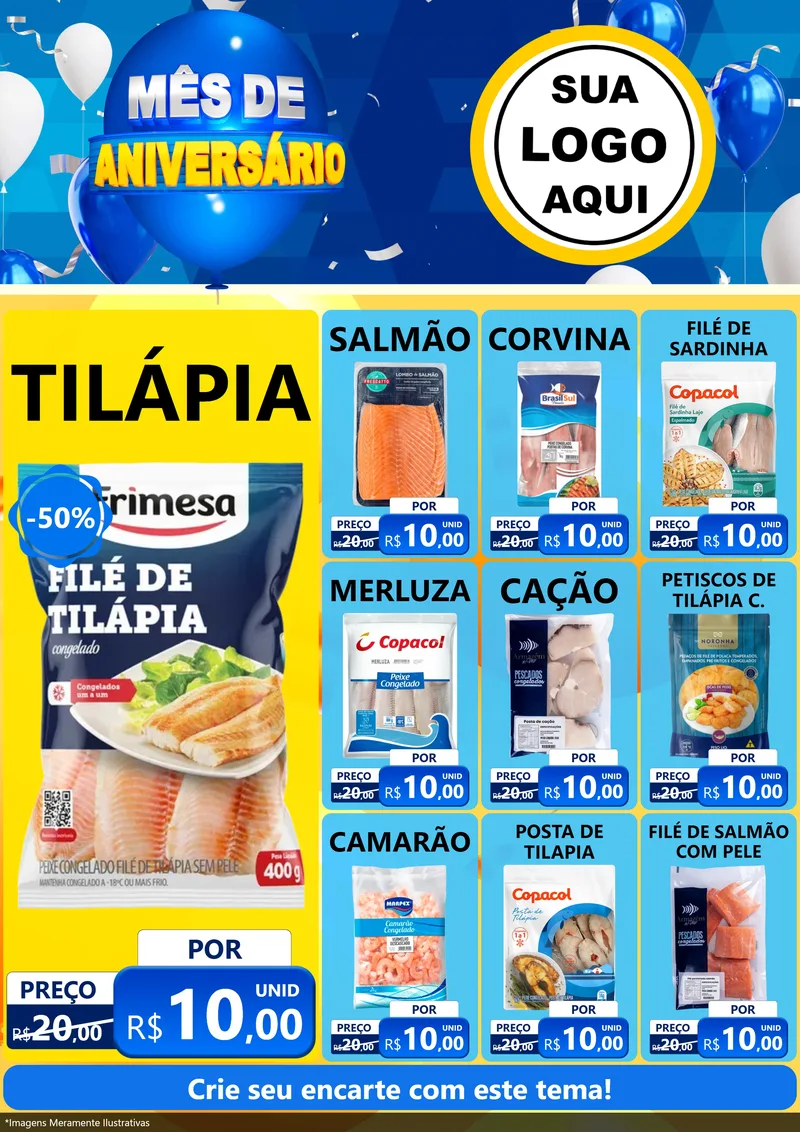 Modelo de Encarte para Encarte A4 Vertical com o tema Mês de Aniversário para Peixaria