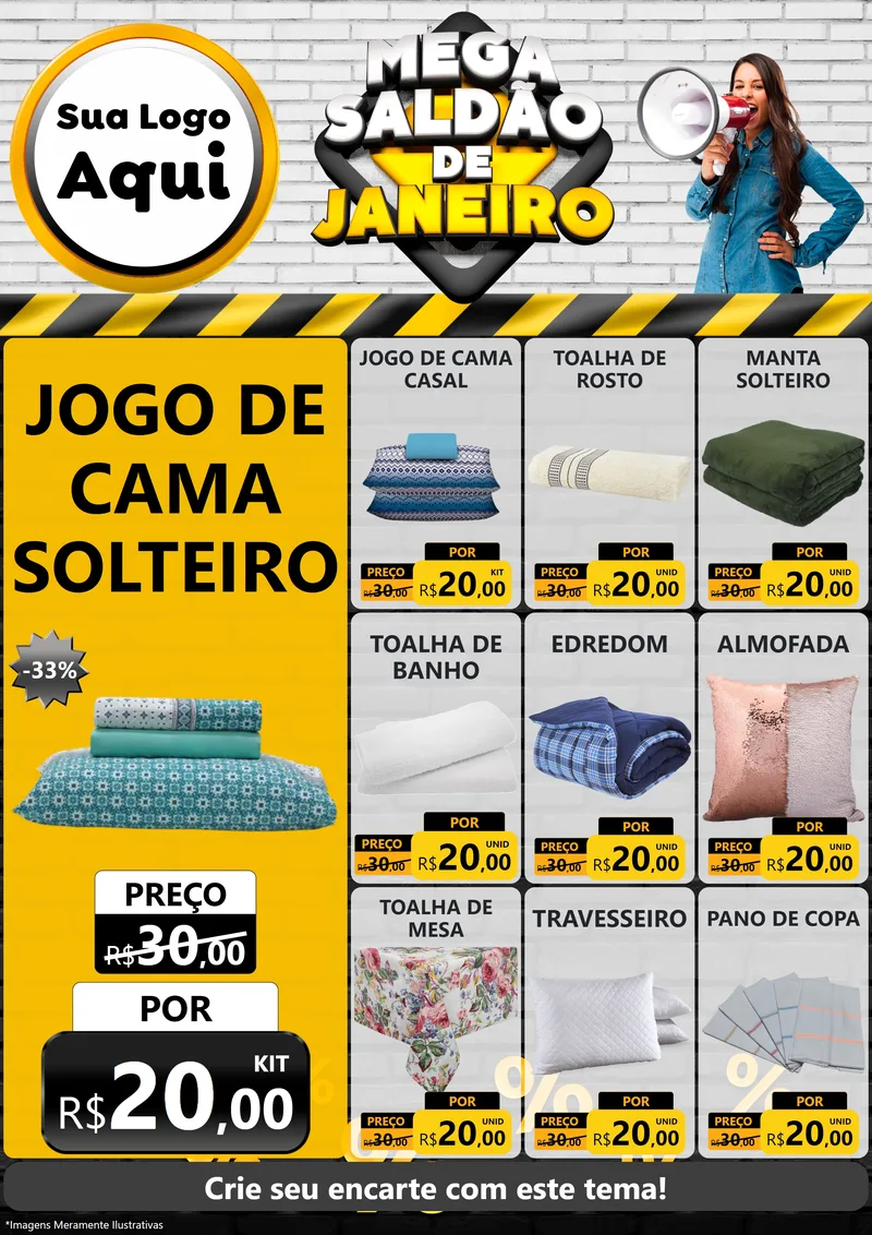Modelo de Encarte para Encarte A4 Vertical com o tema Mega Saldão de Janeiro para Cama, Mesa e Banho